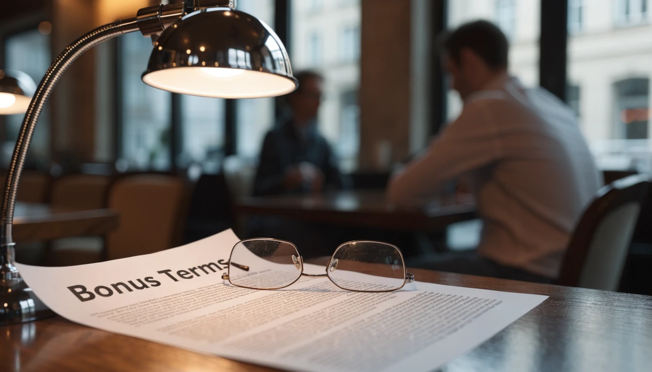 Lesebrille auf einem Bonusbedingungs-Blatt mit unscharfer Schlagzeile