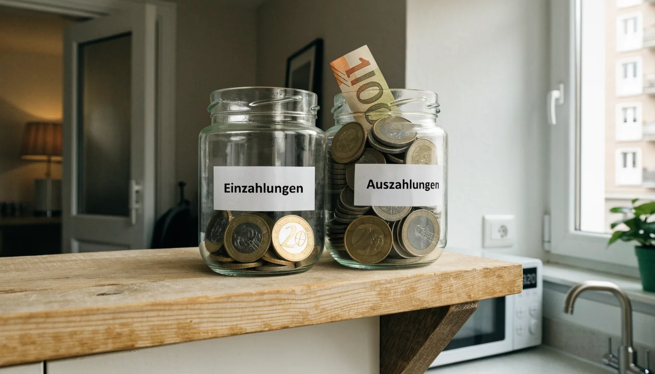 Zwei Glasbüchsen mit Münzen für Einzahlungen und Gewinne im Regal